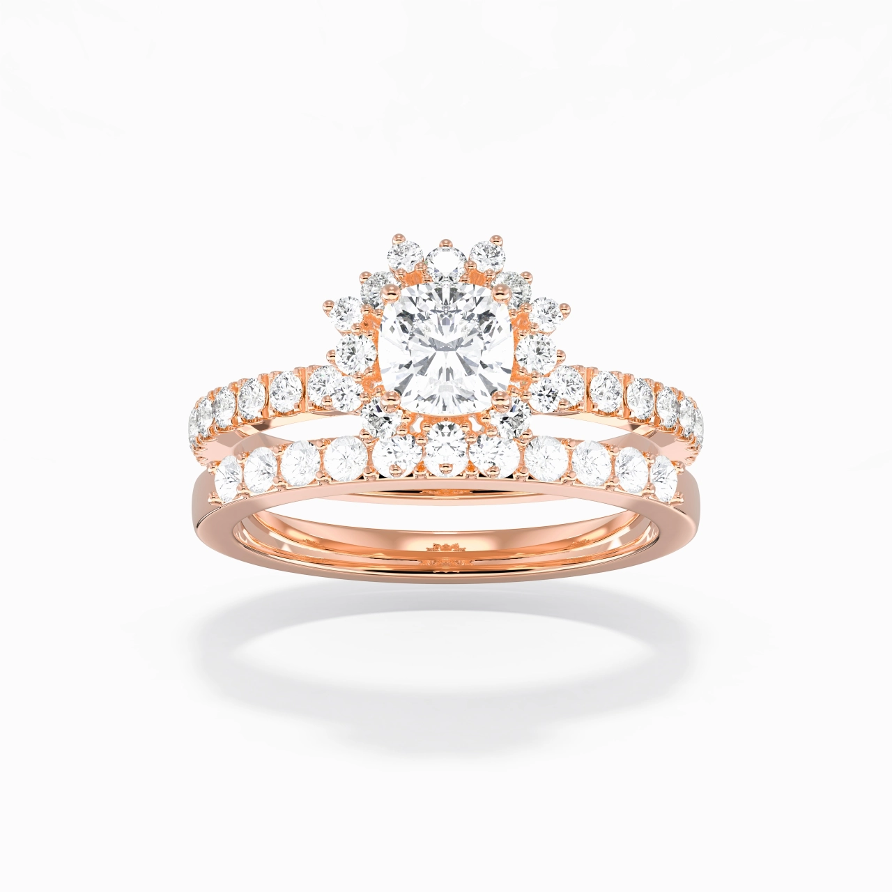 18K Rose Gold Halo Cluster Straight Shank Wedding Ring Set