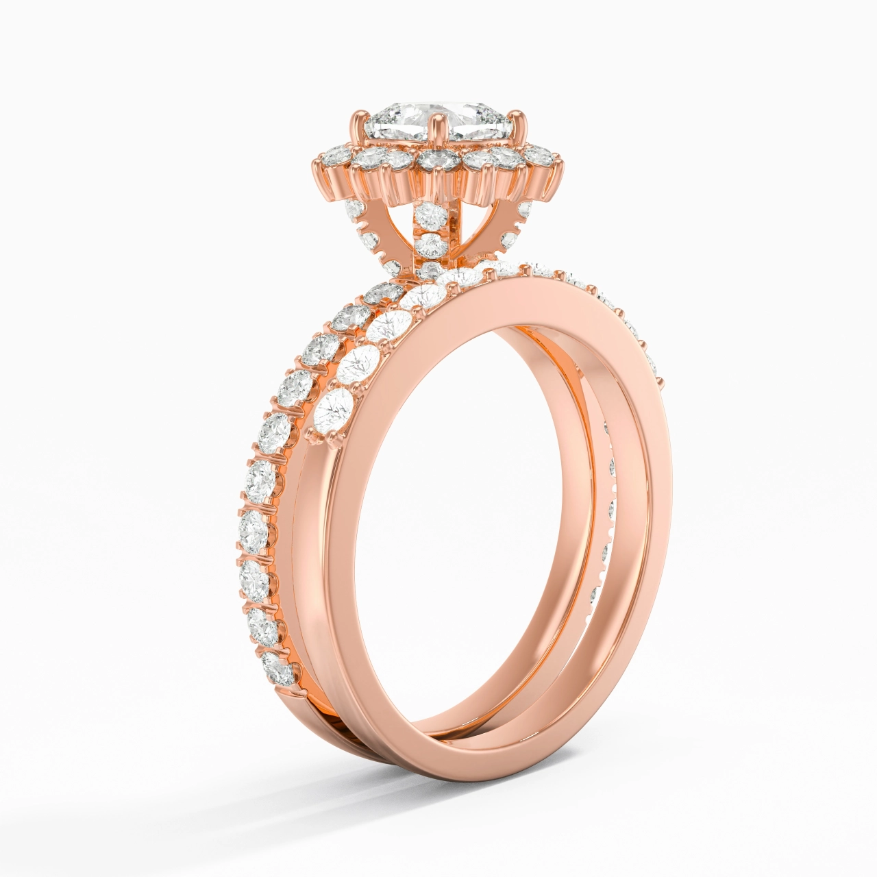 18K Rose Gold Halo Cluster Straight Shank Wedding Ring Set