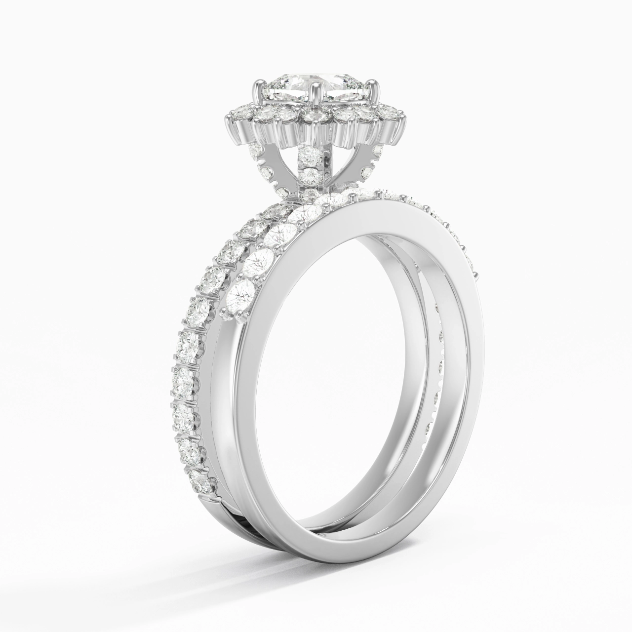 925 Sterling Silver Halo Cluster Straight Shank Wedding Ring Set