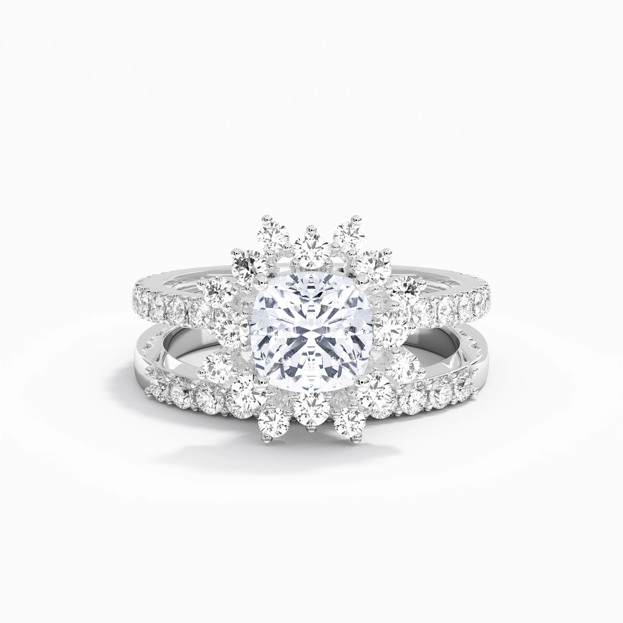 925 Sterling Silver Halo Cluster Straight Shank Wedding Ring Set