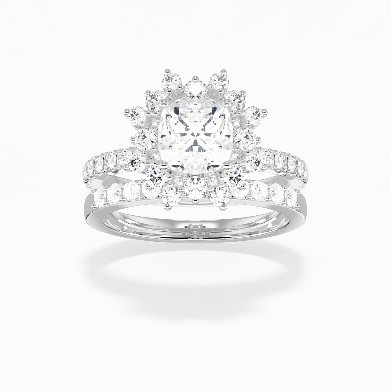 925 Sterling Silver Halo Cluster Straight Shank Wedding Ring Set