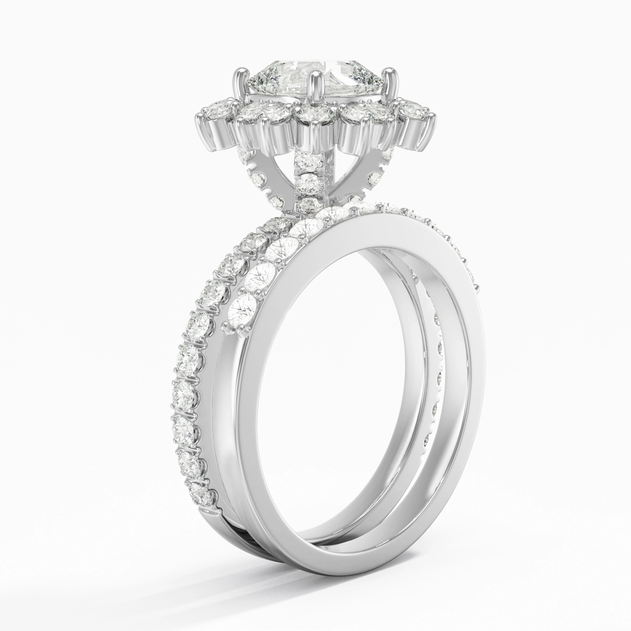 925 Sterling Silver Halo Cluster Straight Shank Wedding Ring Set