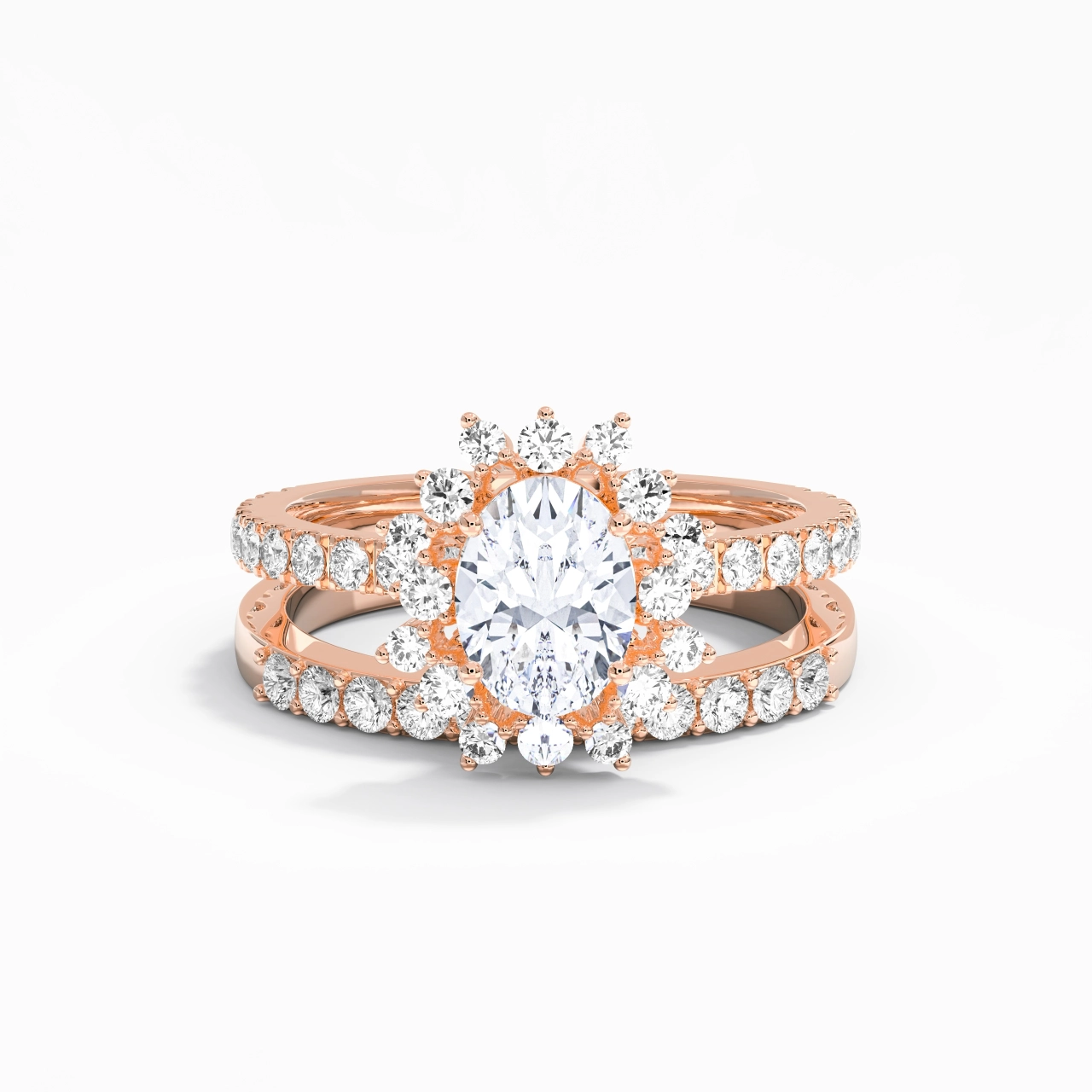 18K Rose Gold Halo Cluster Straight Shank Wedding Ring Set
