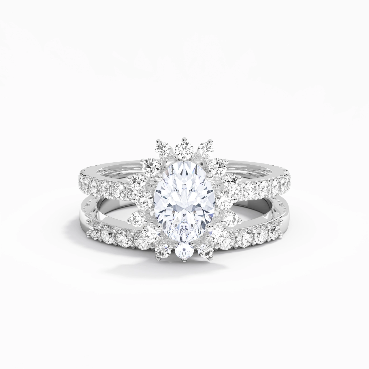 925 Sterling Silver Halo Cluster Straight Shank Wedding Ring Set