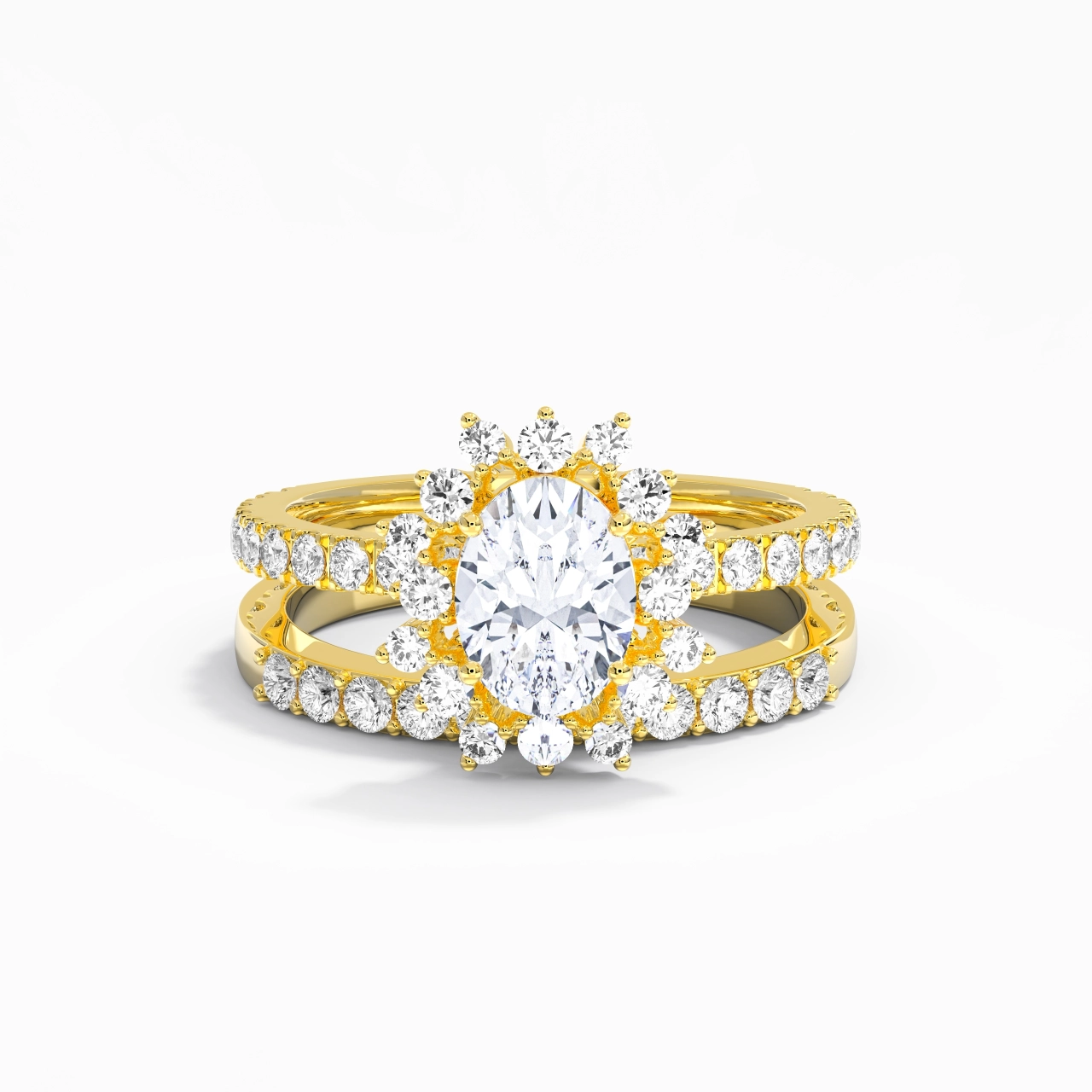 18K Gold Halo Cluster Straight Shank Wedding Ring Set