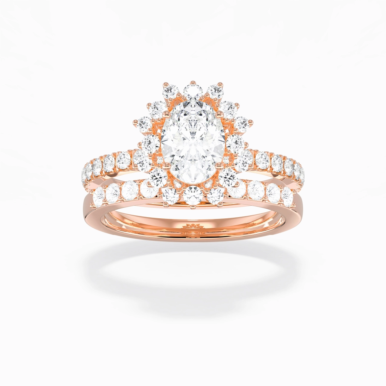 18K Rose Gold Halo Cluster Straight Shank Wedding Ring Set