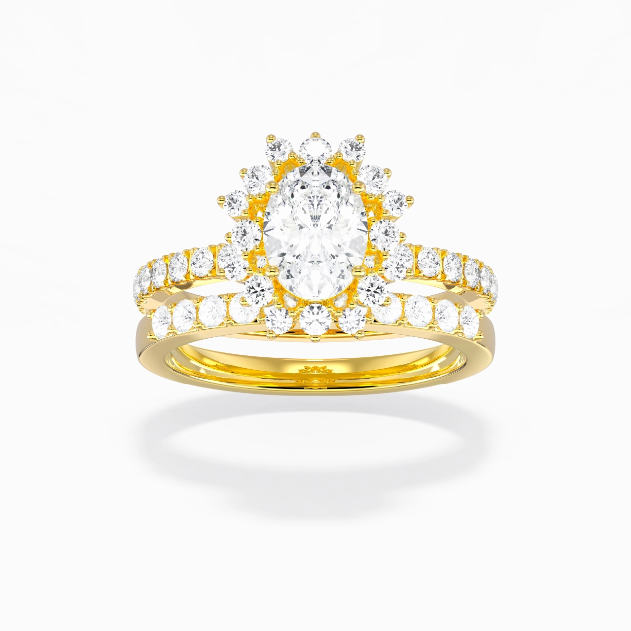 18K Gold Halo Cluster Straight Shank Wedding Ring Set