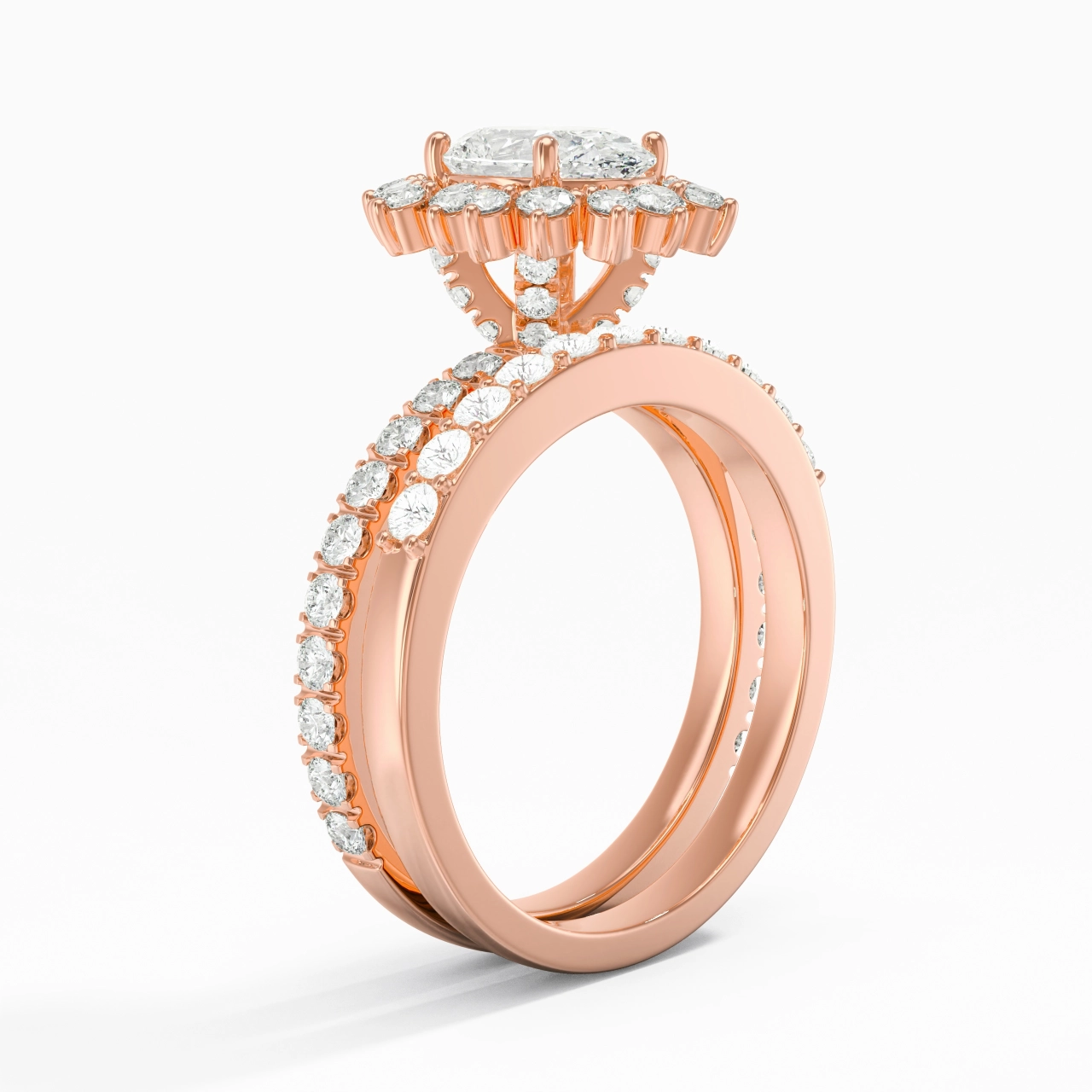 18K Rose Gold Halo Cluster Straight Shank Wedding Ring Set