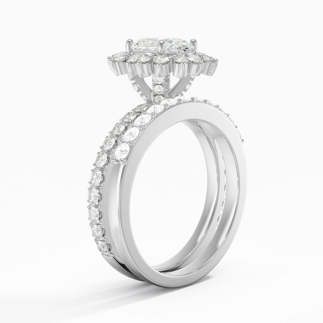 925 Sterling Silver Halo Cluster Straight Shank Wedding Ring Set