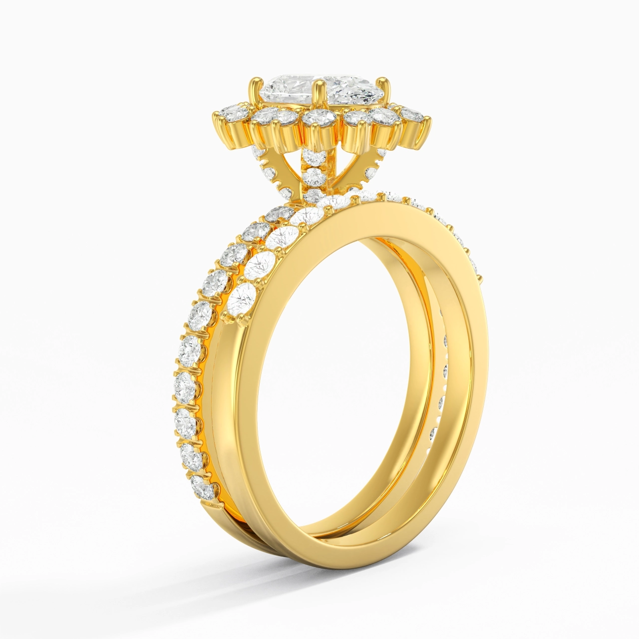18K Gold Halo Cluster Straight Shank Wedding Ring Set