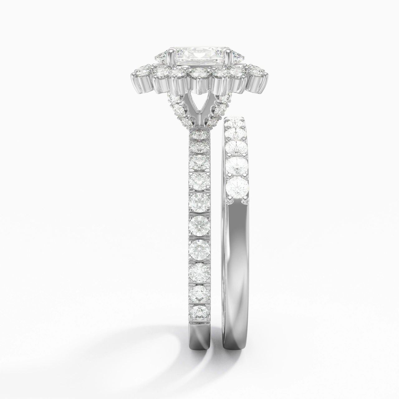 925 Sterling Silver Halo Cluster Straight Shank Wedding Ring Set