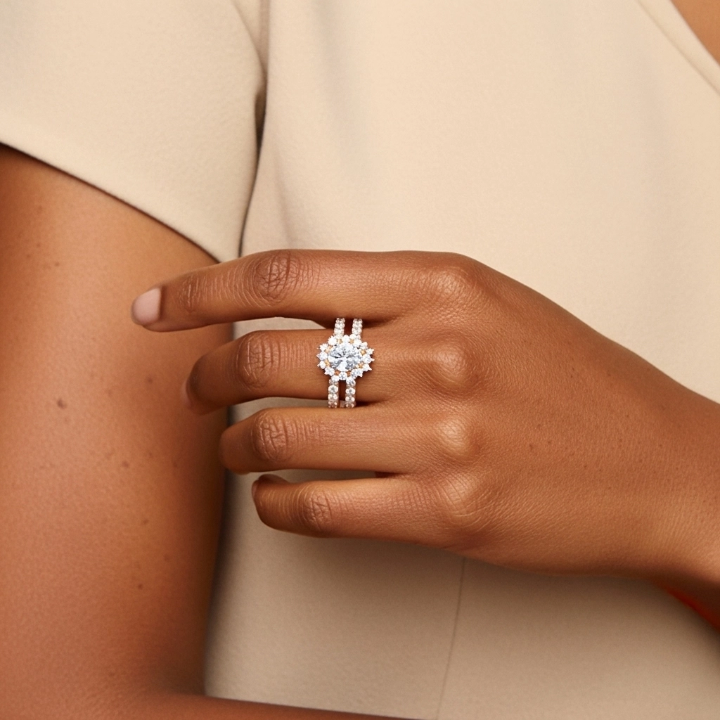 925 Sterling Silver Halo Cluster Straight Shank Wedding Ring Set