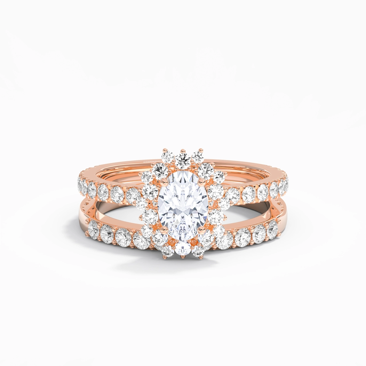 18K Rose Gold Halo Cluster Straight Shank Wedding Ring Set