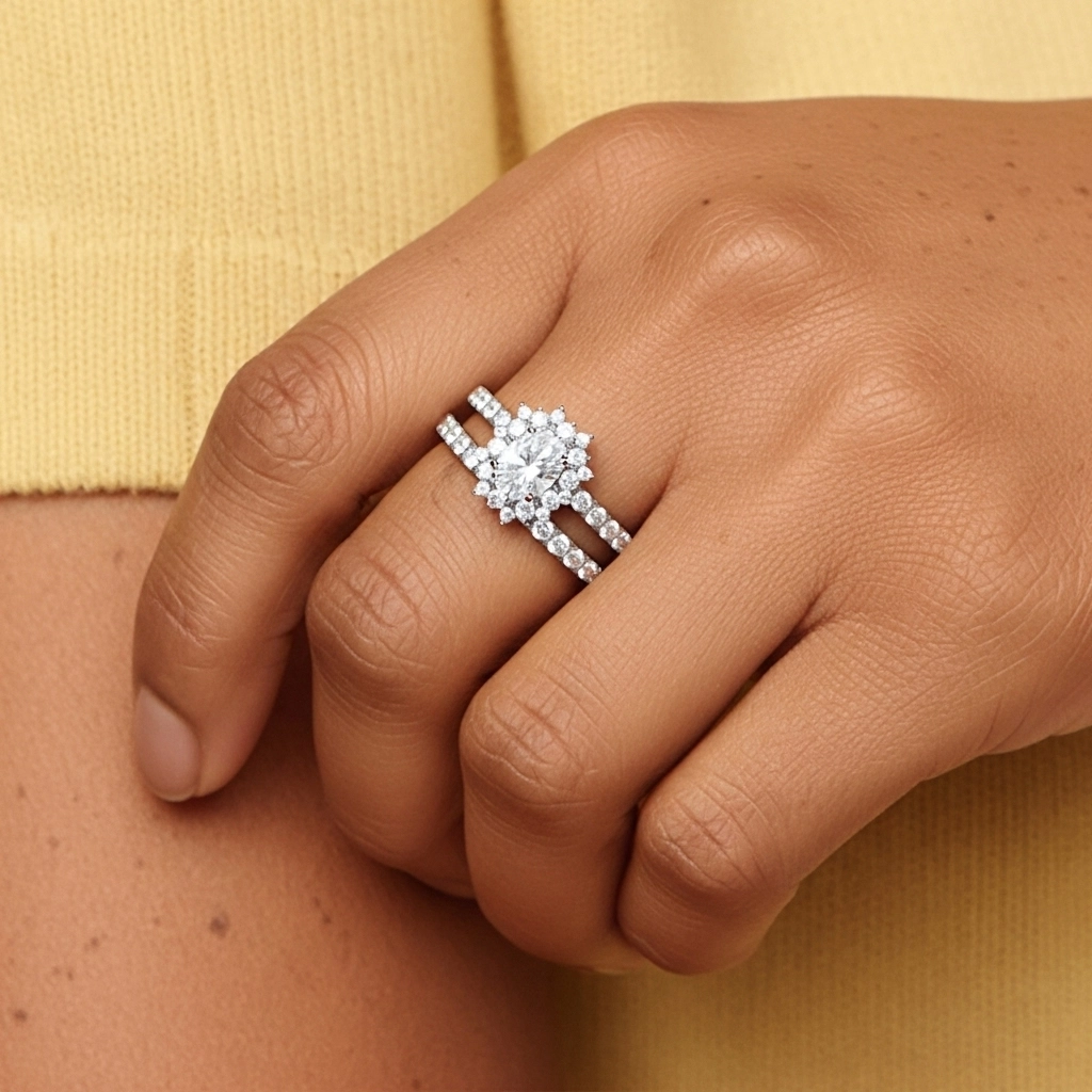 18K White Gold Halo Cluster Straight Shank Wedding Ring Set