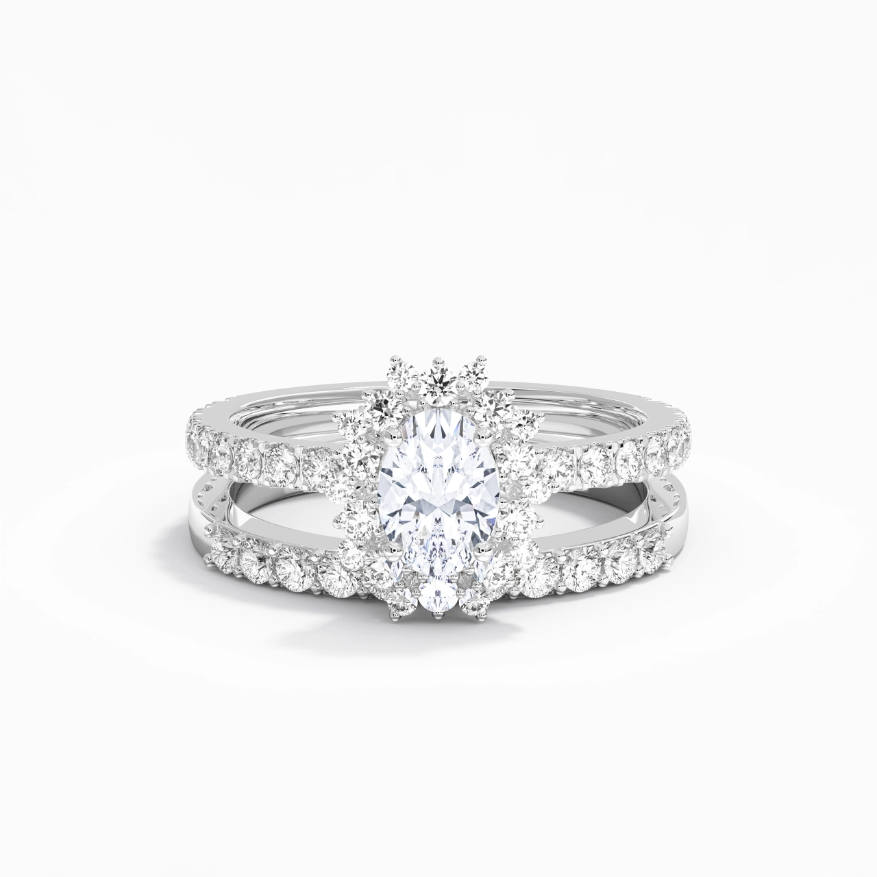 925 Sterling Silver Halo Cluster Straight Shank Wedding Ring Set