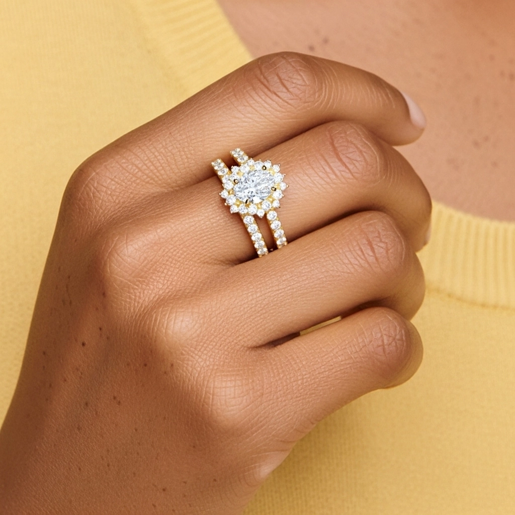 14K Gold Halo Cluster Straight Shank Wedding Ring Set