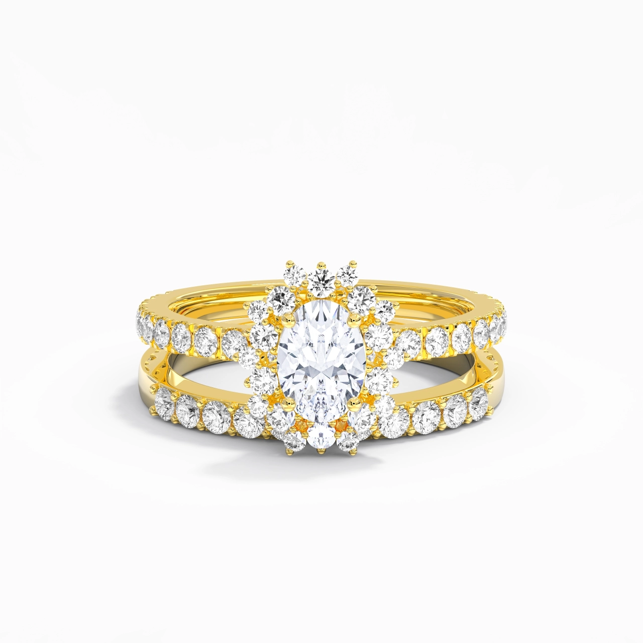18K Gold Halo Cluster Straight Shank Wedding Ring Set