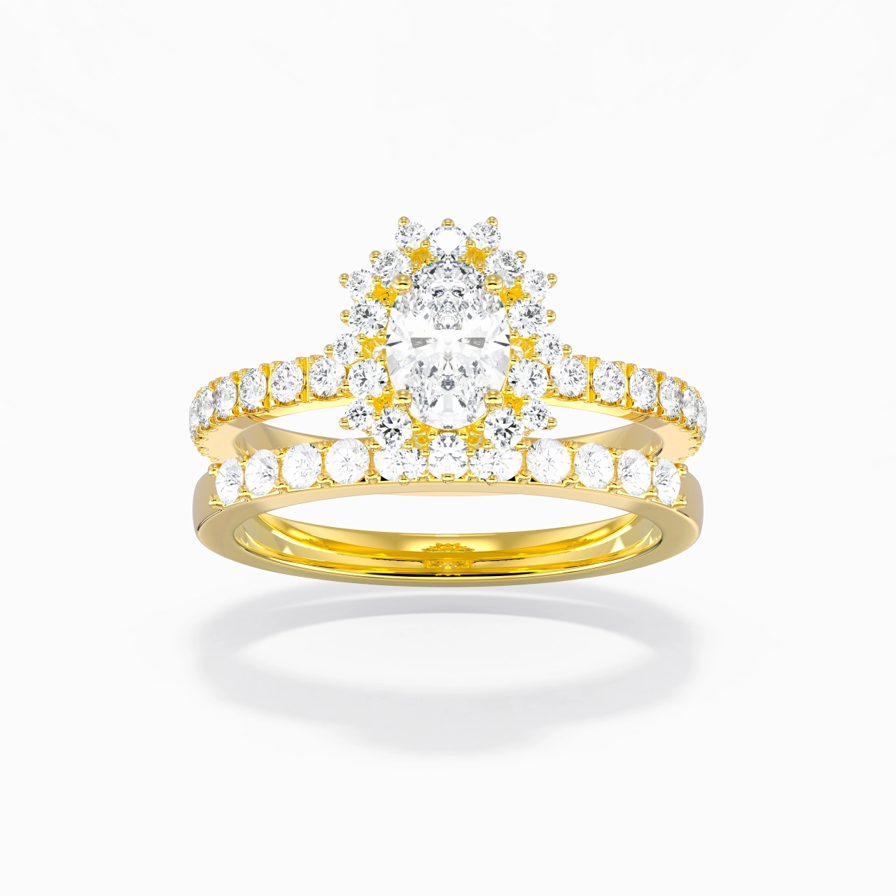 18K Gold Halo Cluster Straight Shank Wedding Ring Set