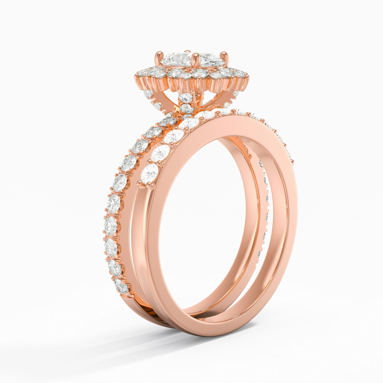 18K Rose Gold Halo Cluster Straight Shank Wedding Ring Set