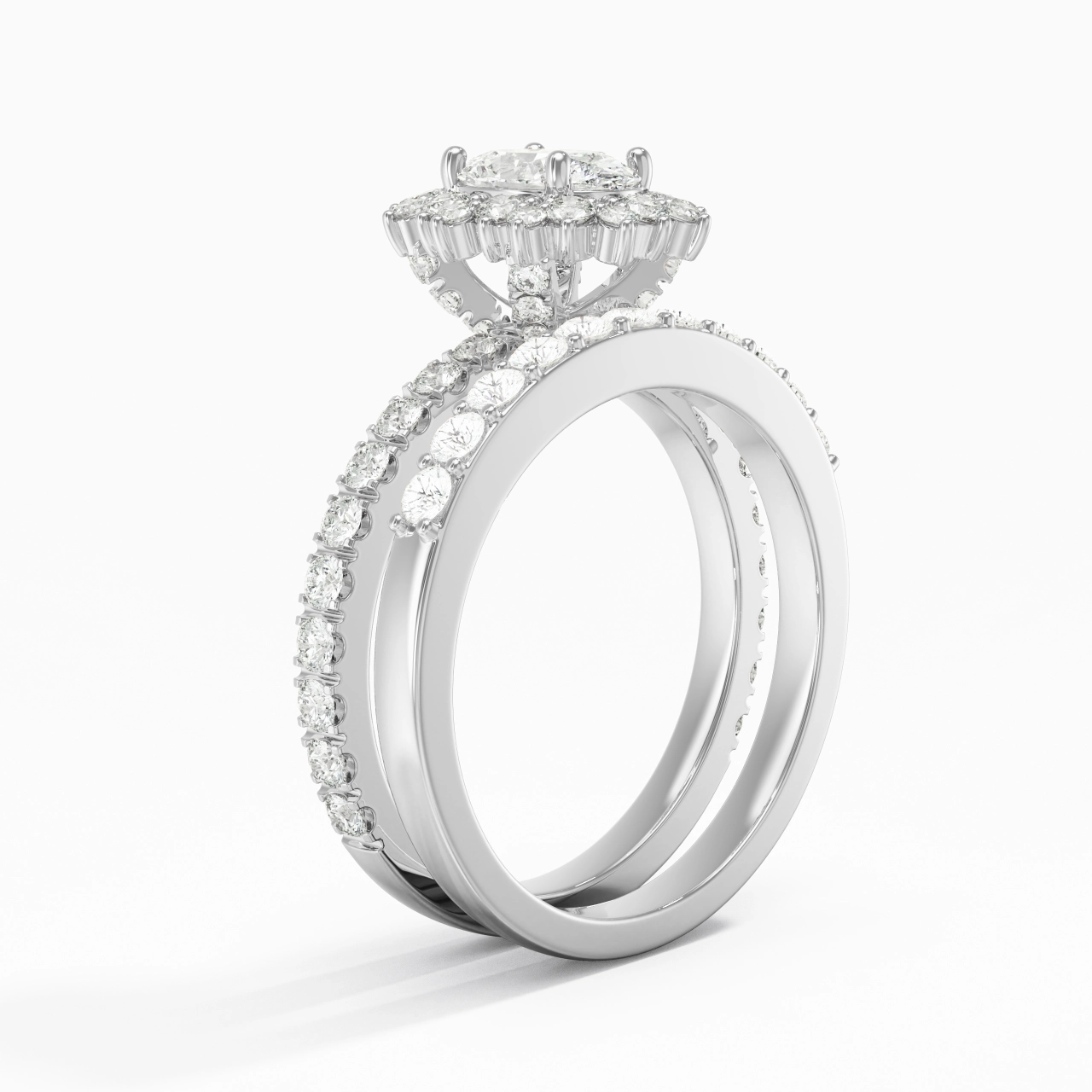 925 Sterling Silver Halo Cluster Straight Shank Wedding Ring Set
