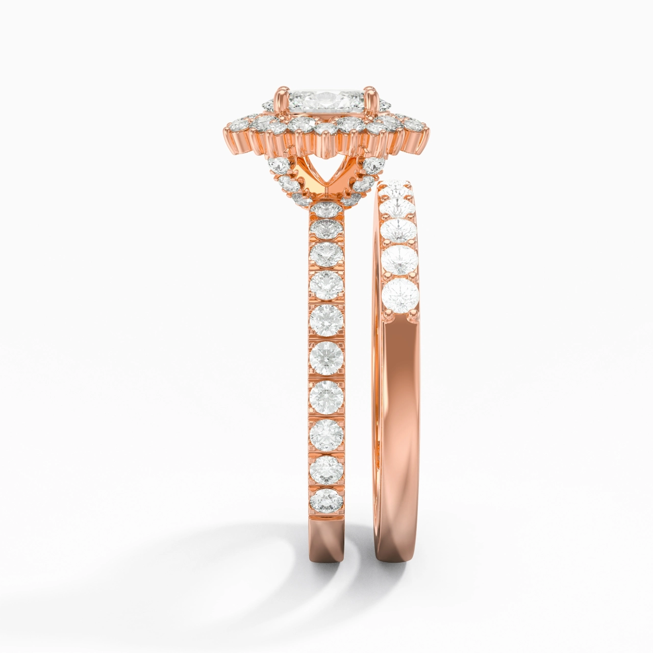 18K Rose Gold Halo Cluster Straight Shank Wedding Ring Set