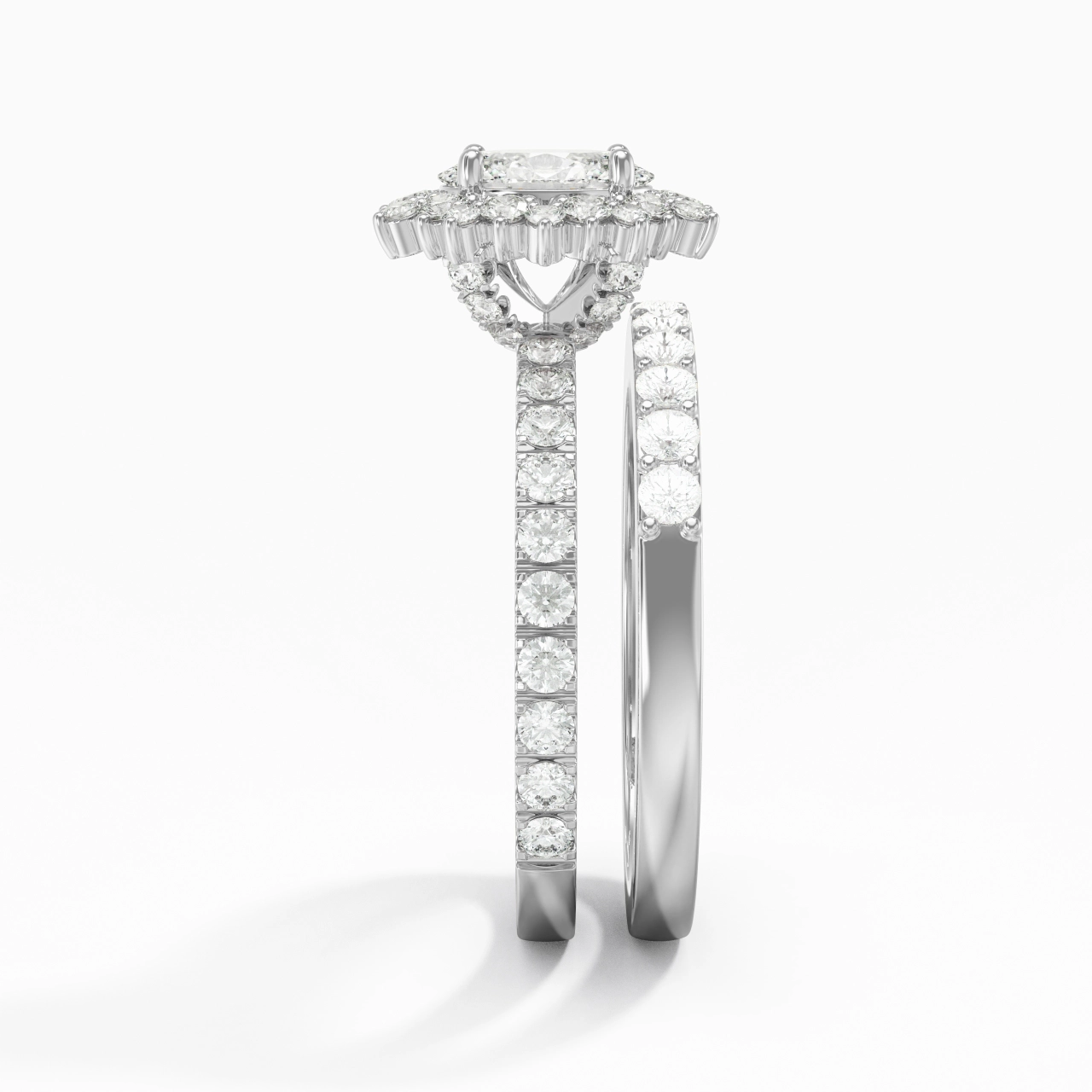 925 Sterling Silver Halo Cluster Straight Shank Wedding Ring Set