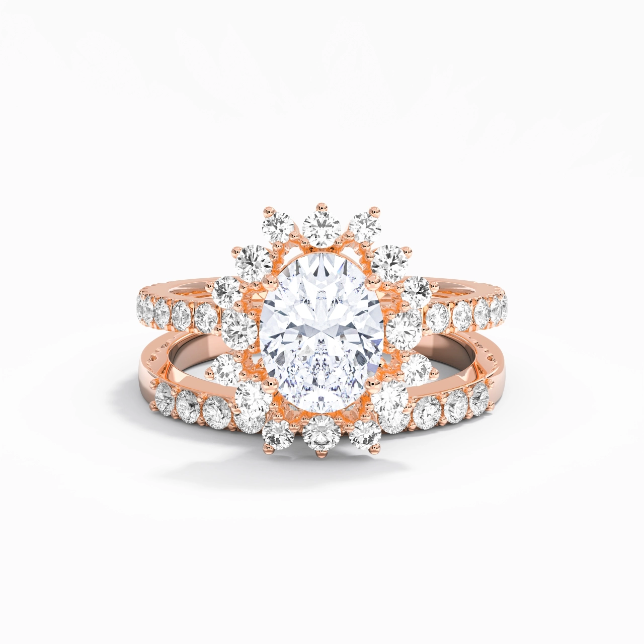 18K Rose Gold Halo Cluster Straight Shank Wedding Ring Set