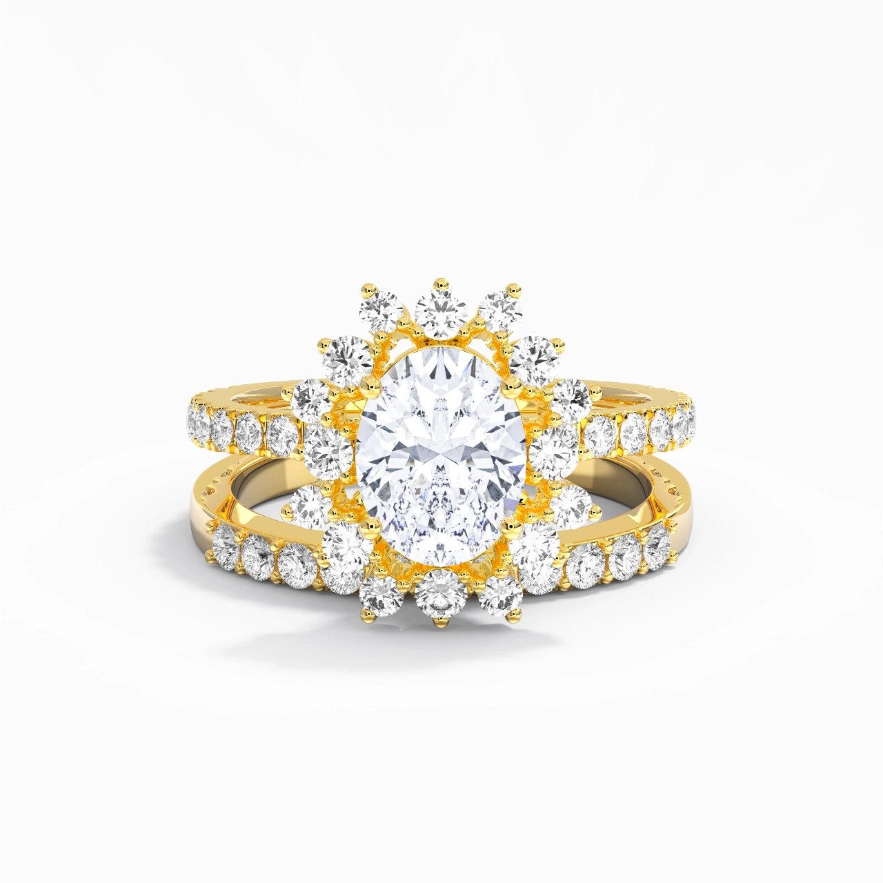14K Gold Halo Cluster Straight Shank Wedding Ring Set