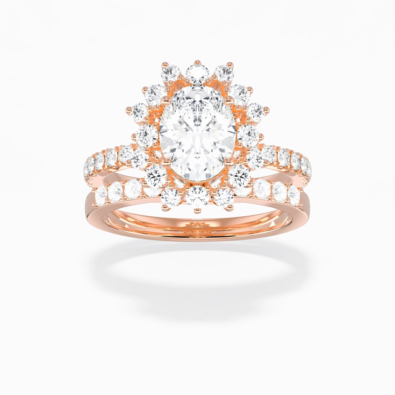 18K Rose Gold Halo Cluster Straight Shank Wedding Ring Set