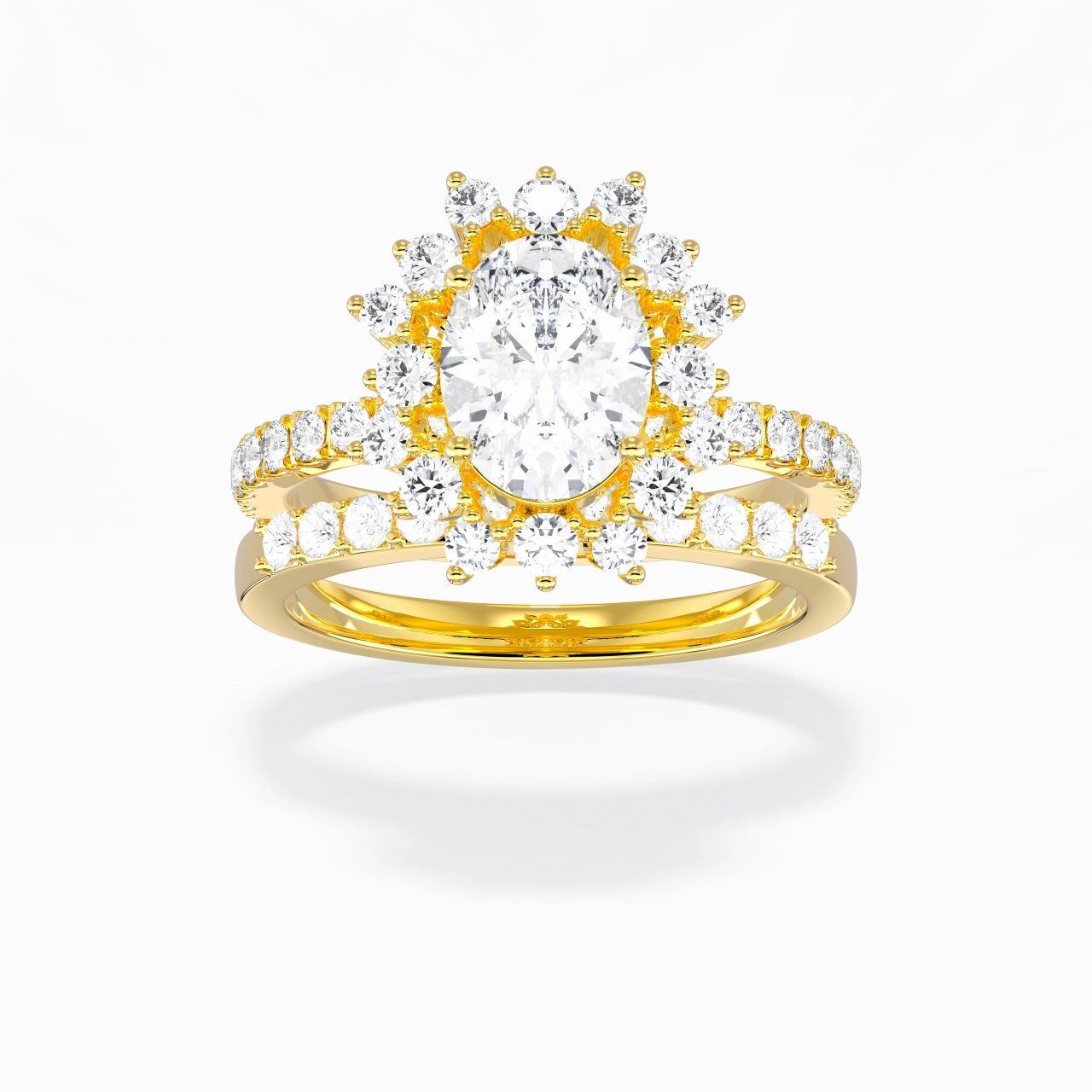 14K Gold Halo Cluster Straight Shank Wedding Ring Set