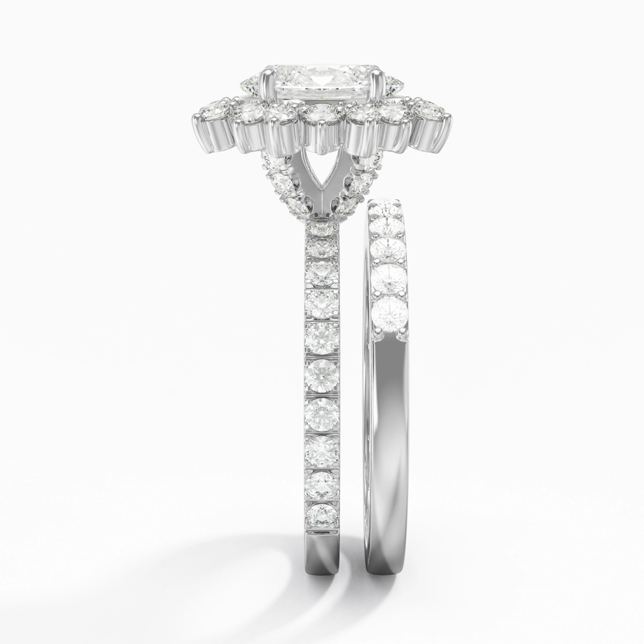 925 Sterling Silver Halo Cluster Straight Shank Wedding Ring Set