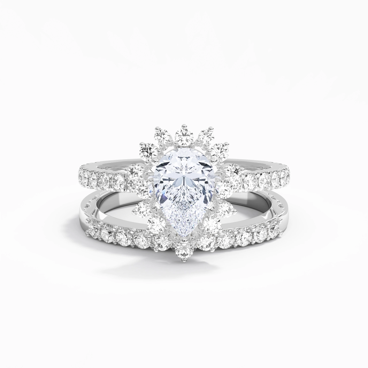925 Sterling Silver Halo Cluster Straight Shank Wedding Ring Set