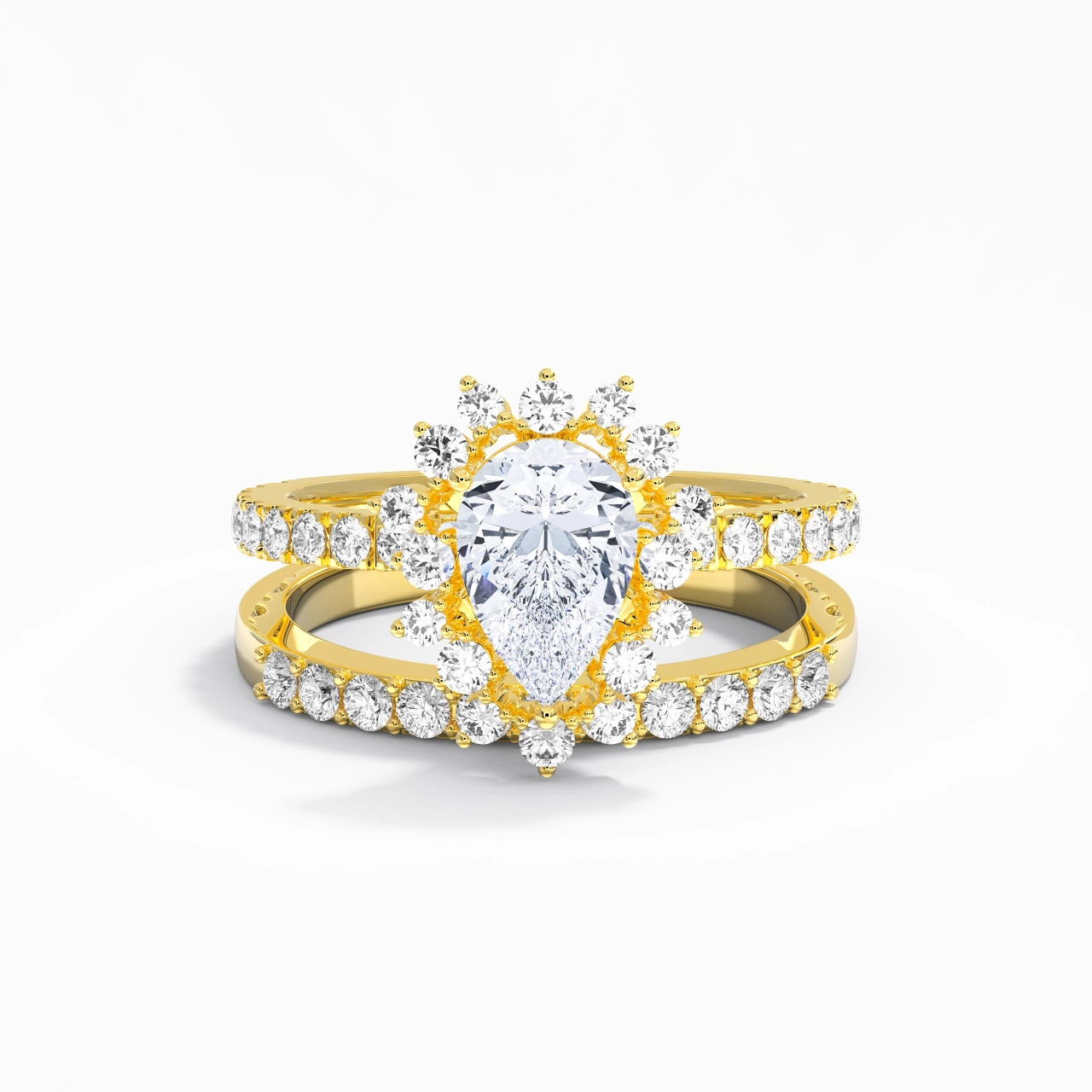 14K Gold Halo Cluster Straight Shank Wedding Ring Set