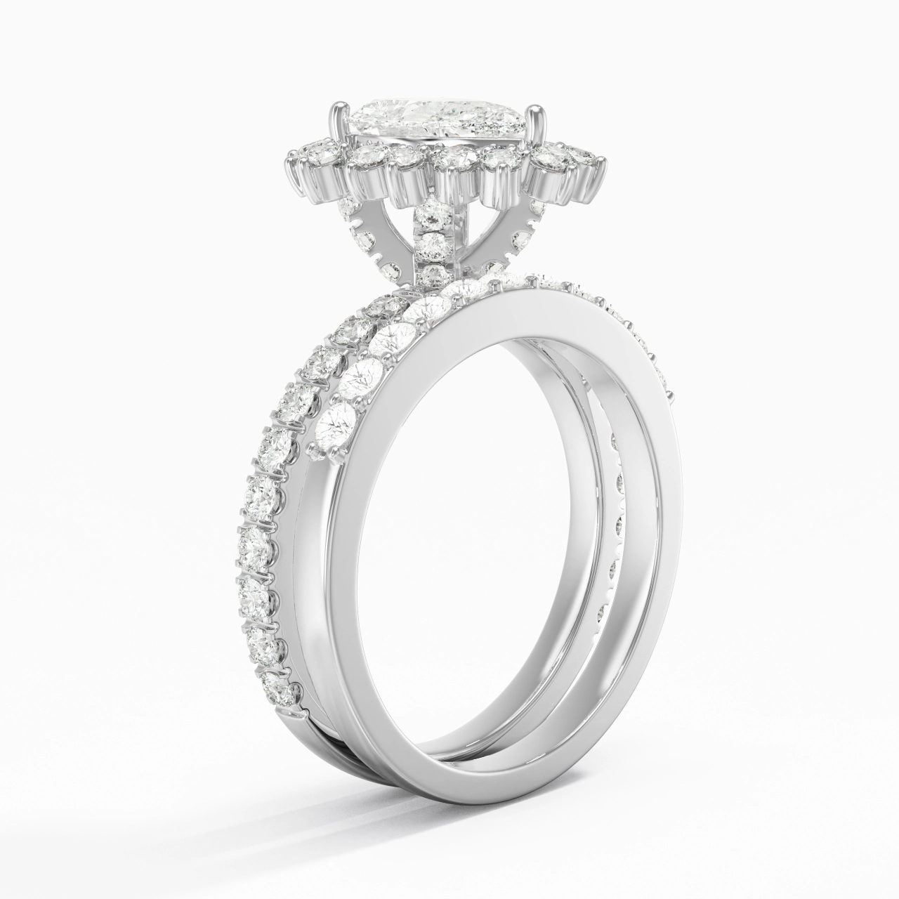 925 Sterling Silver Halo Cluster Straight Shank Wedding Ring Set