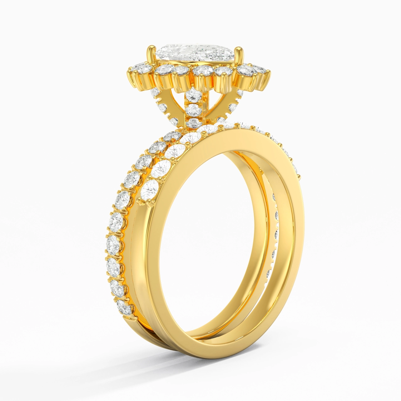 14K Gold Halo Cluster Straight Shank Wedding Ring Set