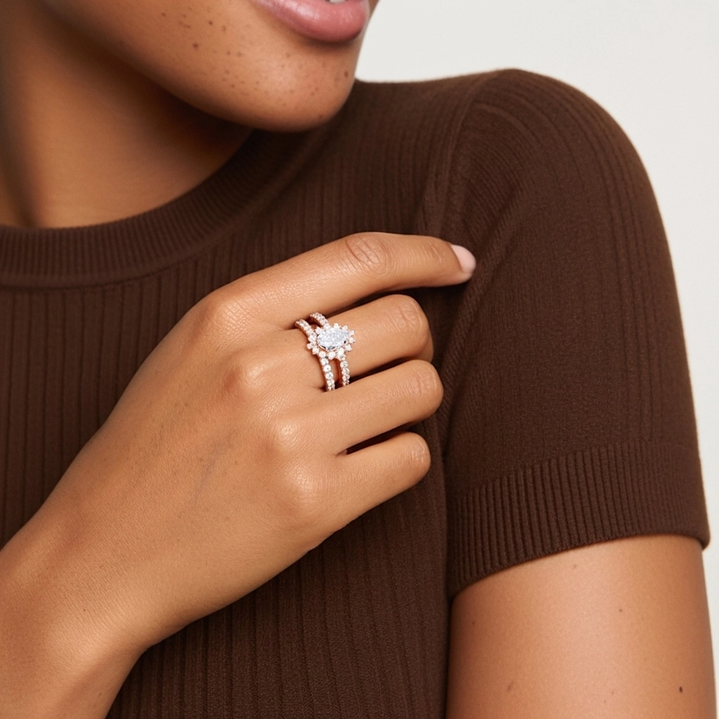 925 Sterling Silver Halo Cluster Straight Shank Wedding Ring Set