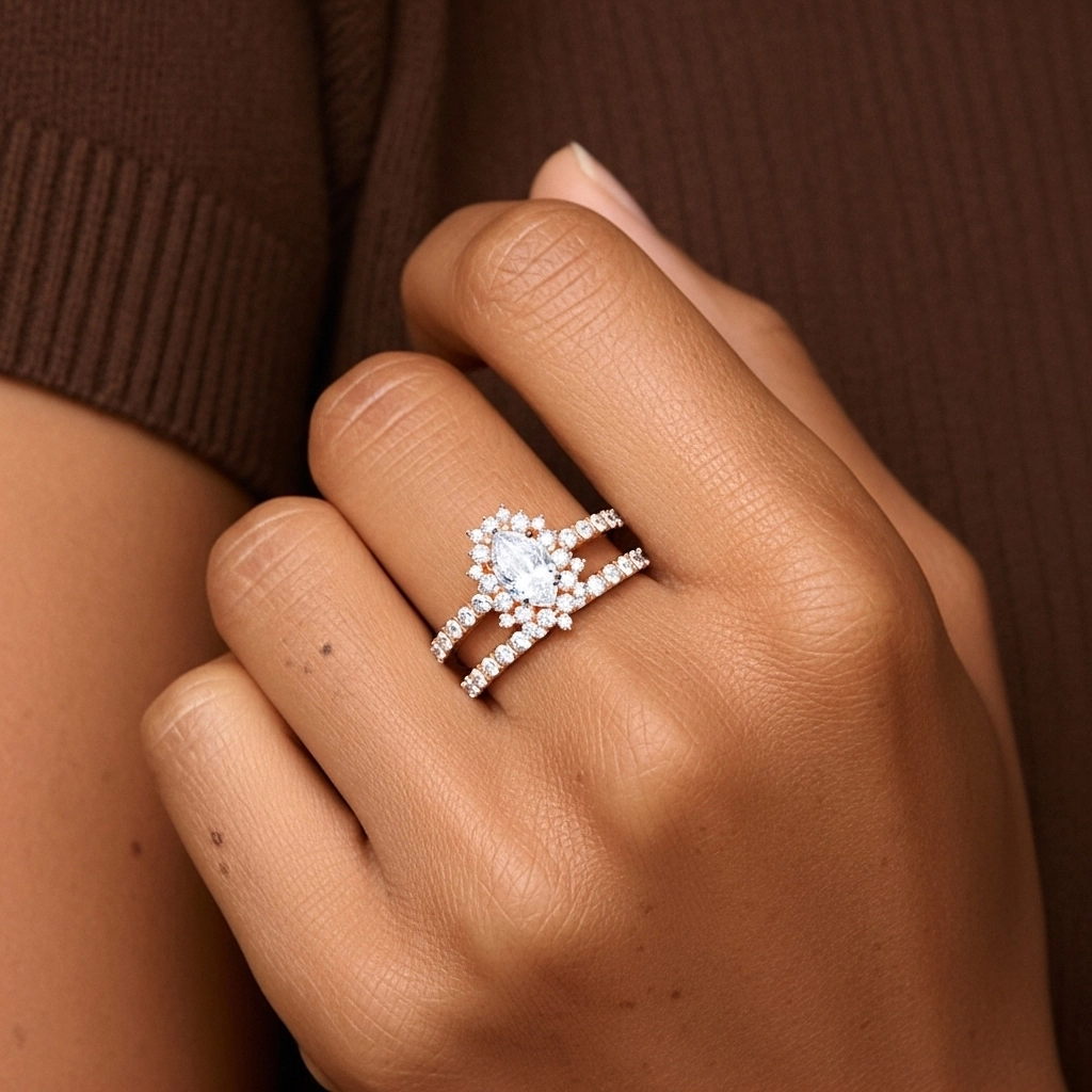 925 Sterling Silver Halo Cluster Straight Shank Wedding Ring Set