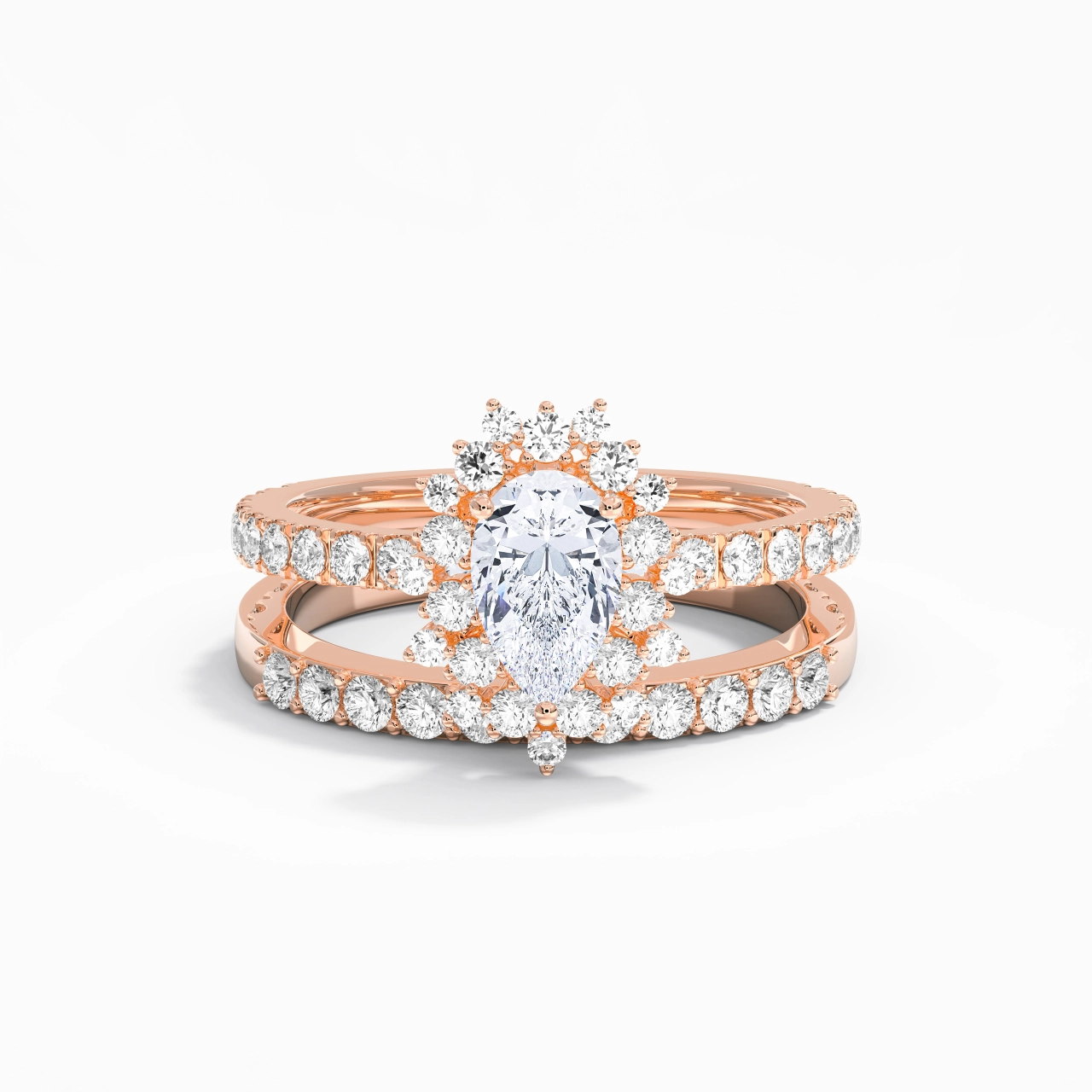 18K Rose Gold Halo Cluster Straight Shank Wedding Ring Set