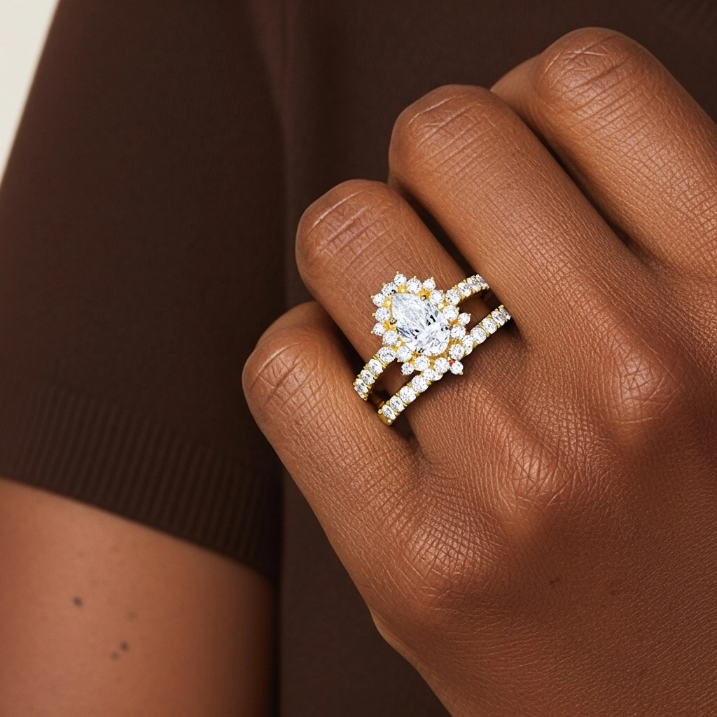 14K Gold Halo Cluster Straight Shank Wedding Ring Set