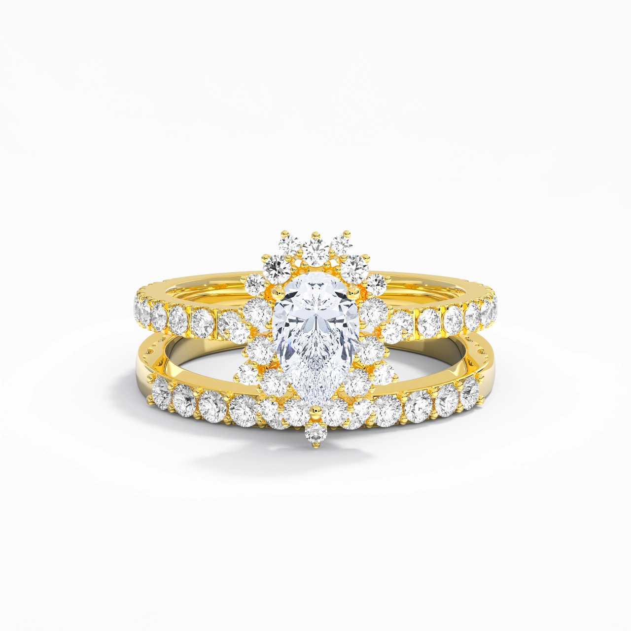 14K Gold Halo Cluster Straight Shank Wedding Ring Set
