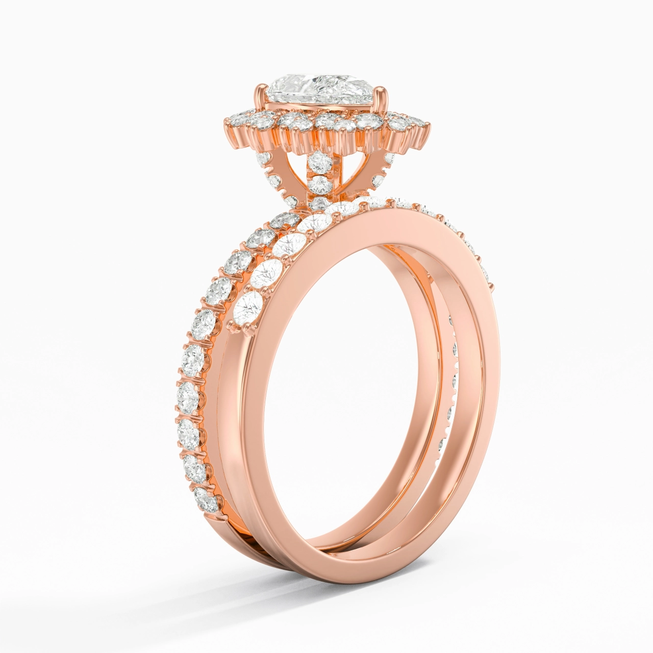 18K Rose Gold Halo Cluster Straight Shank Wedding Ring Set