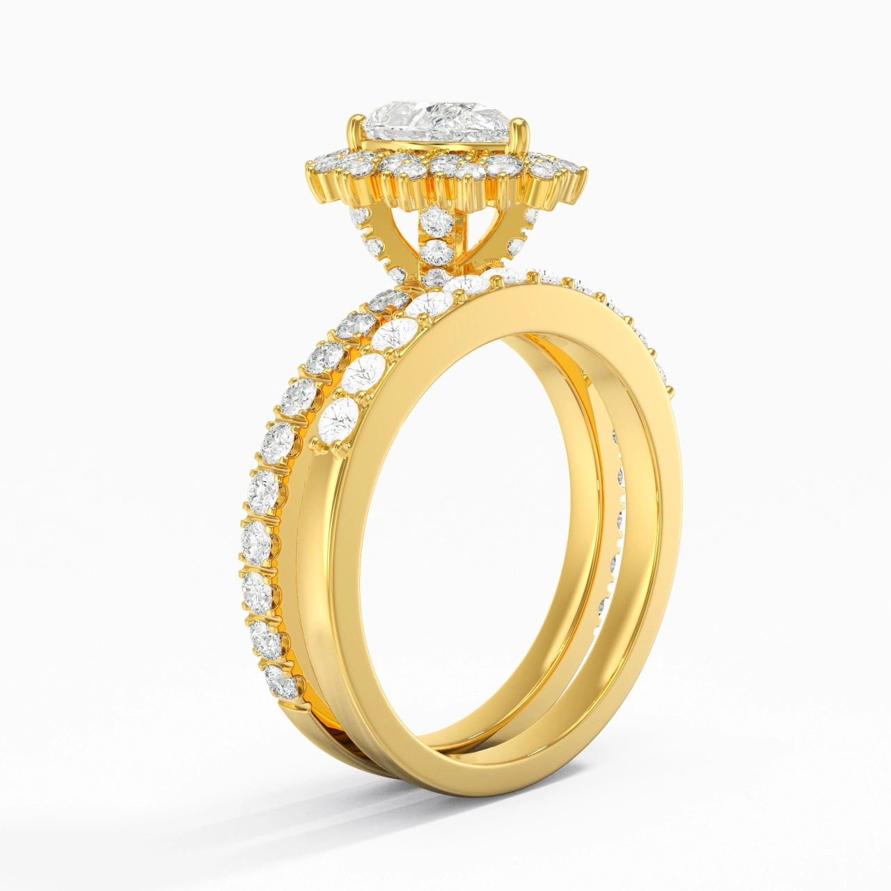 14K Gold Halo Cluster Straight Shank Wedding Ring Set