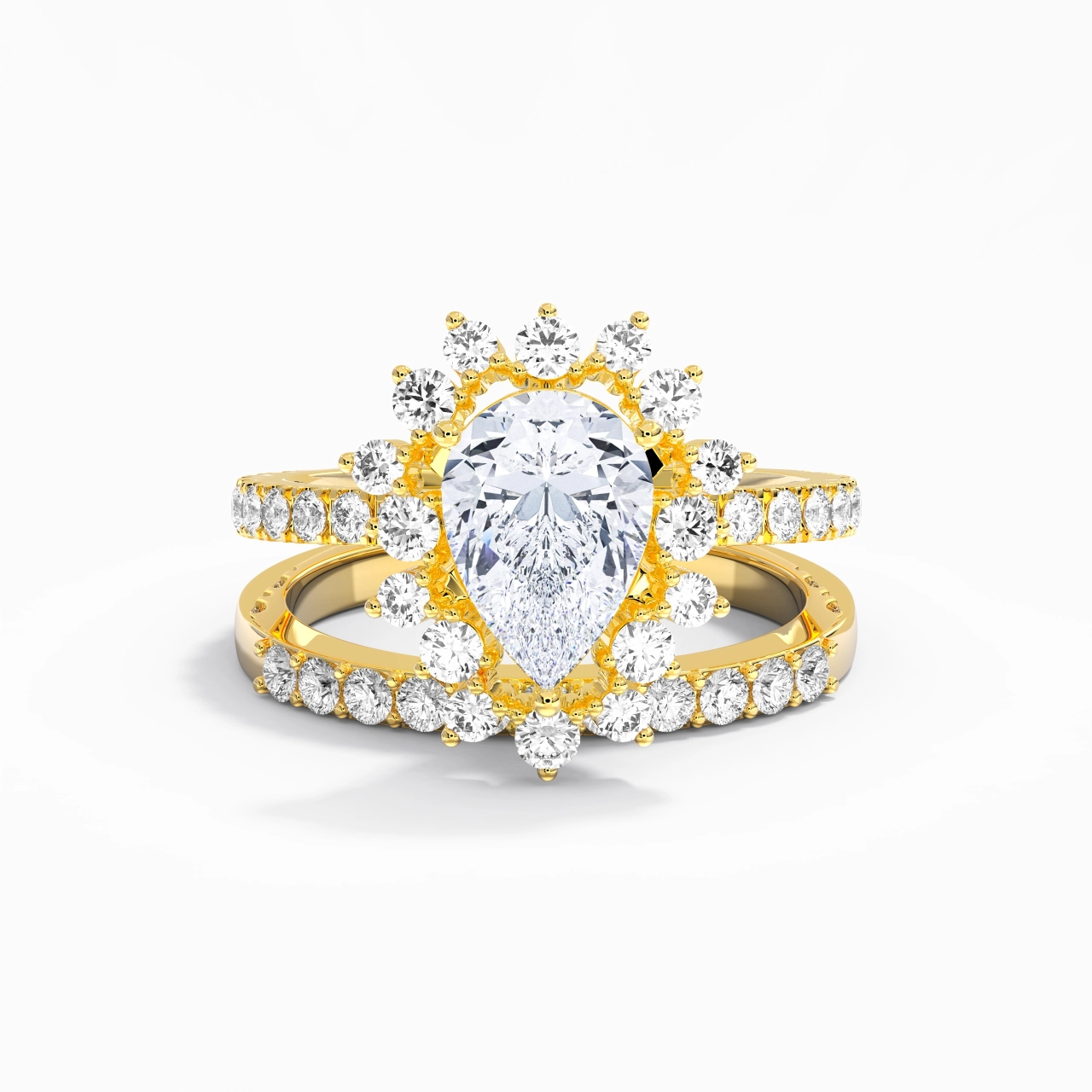 14K Gold Halo Cluster Straight Shank Wedding Ring Set