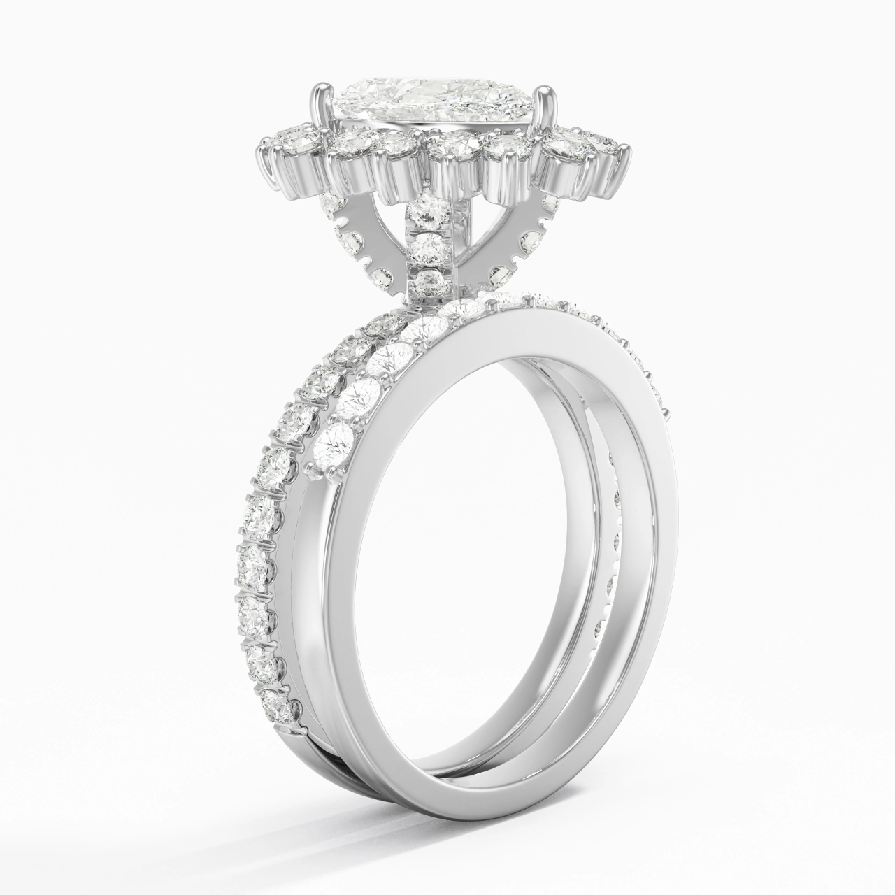 925 Sterling Silver Halo Cluster Straight Shank Wedding Ring Set