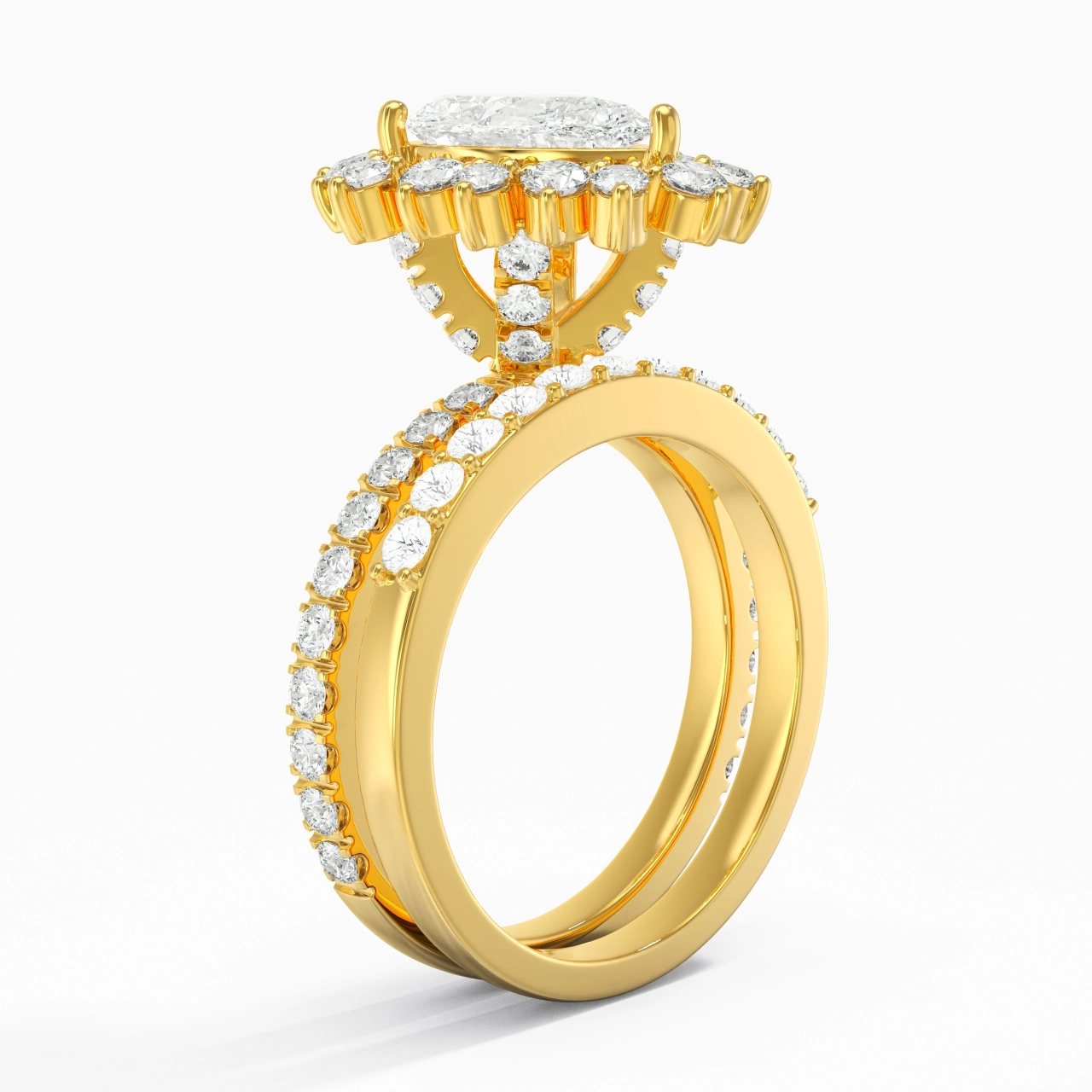 14K Gold Halo Cluster Straight Shank Wedding Ring Set