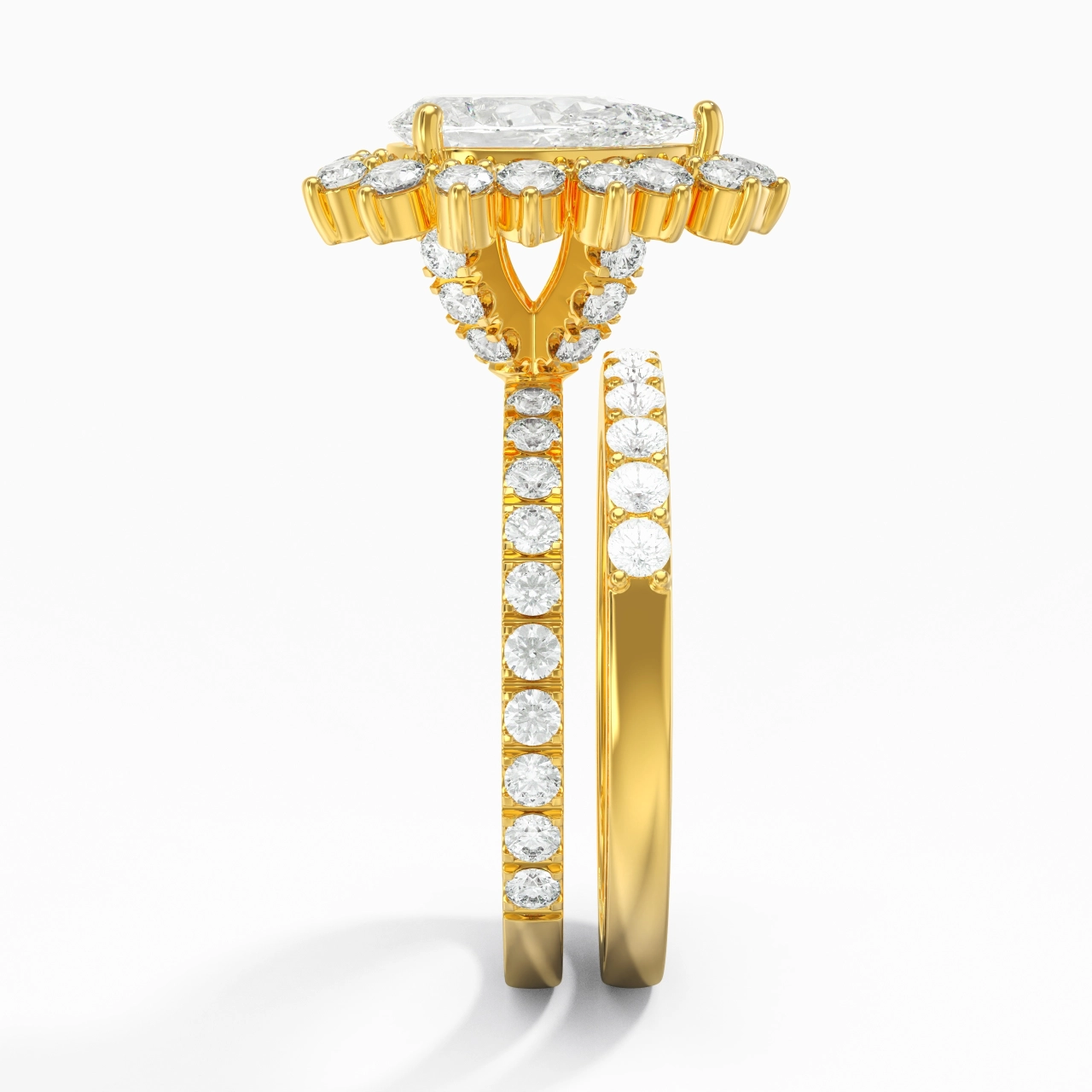 14K Gold Halo Cluster Straight Shank Wedding Ring Set