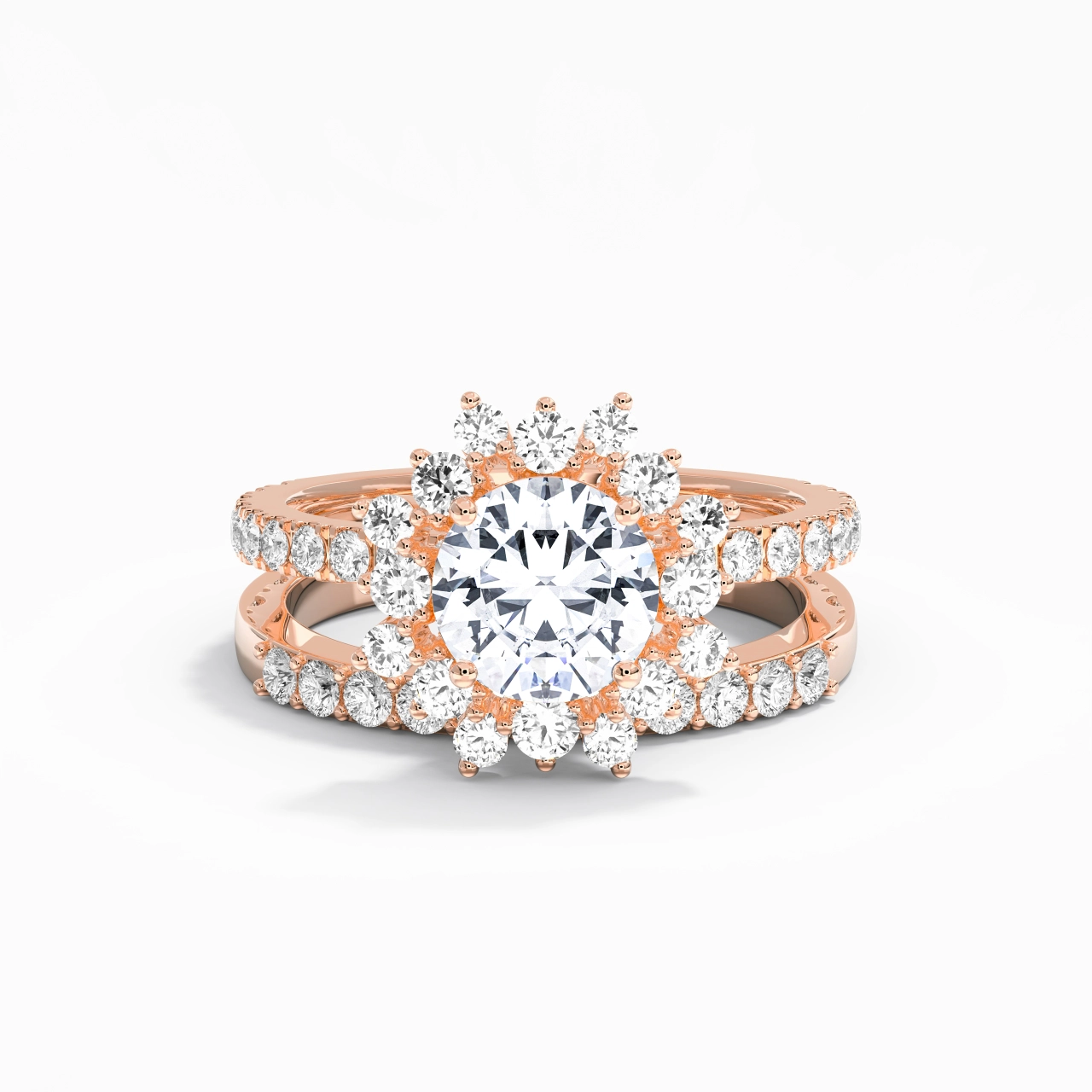 18K Rose Gold Halo Cluster Straight Shank Wedding Ring Set