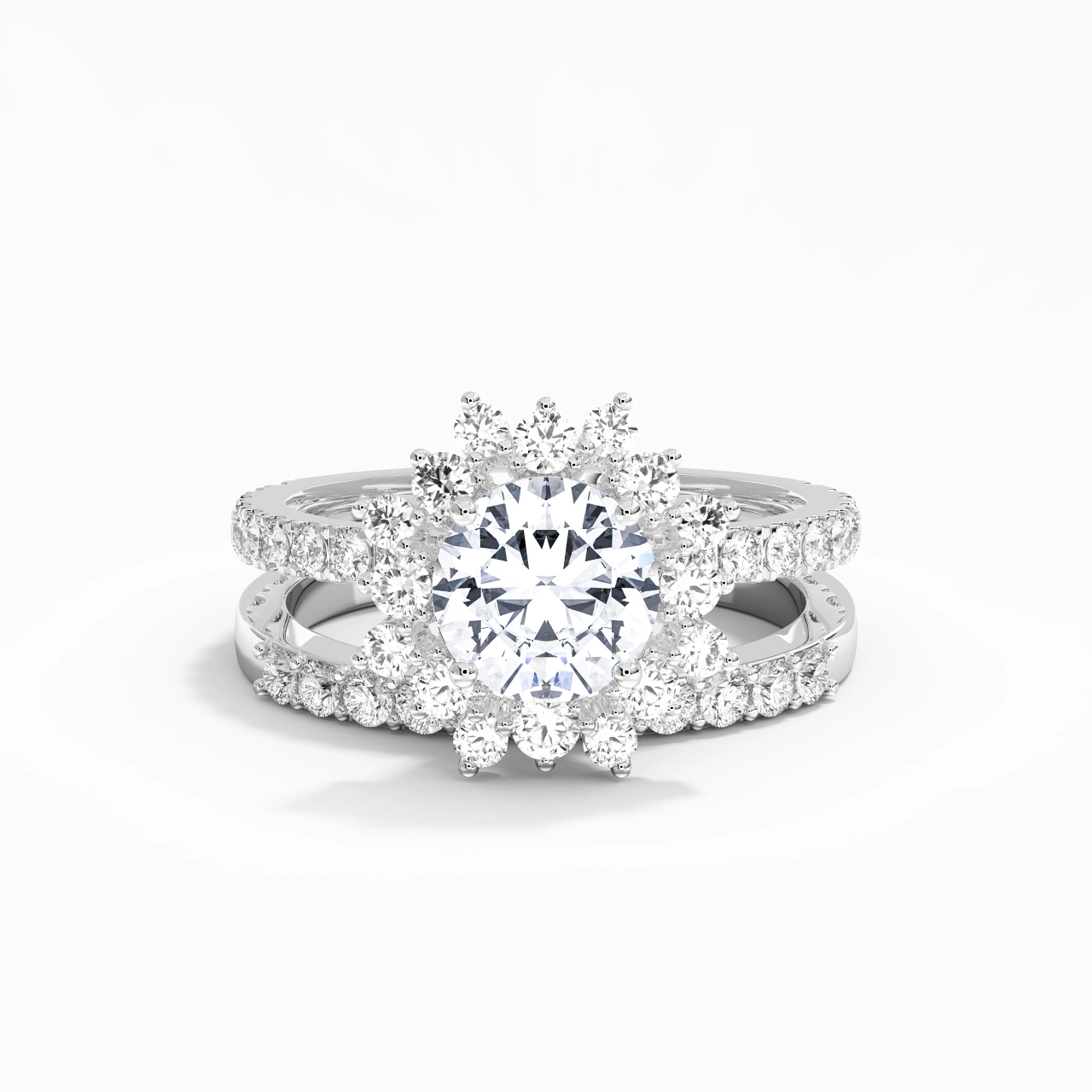 925 Sterling Silver Halo Cluster Straight Shank Wedding Ring Set