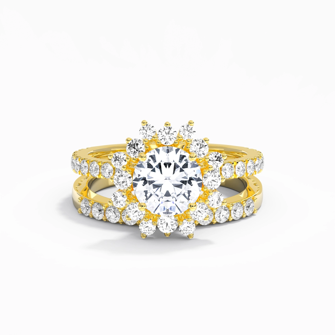 14K Gold Halo Cluster Straight Shank Wedding Ring Set