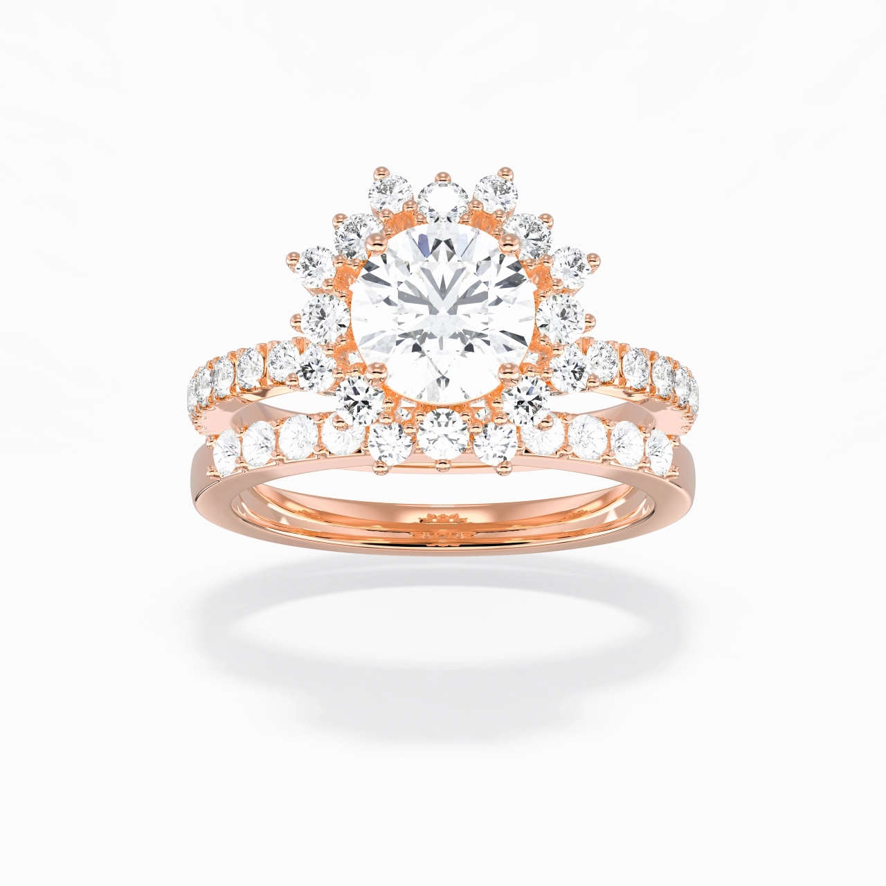 18K Rose Gold Halo Cluster Straight Shank Wedding Ring Set